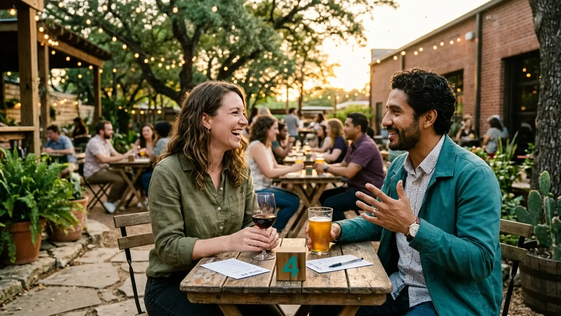 Two singles laughing across a small table at an outdoor speed dating night on a brewery patio in Austin, with other pairs talking under string lights