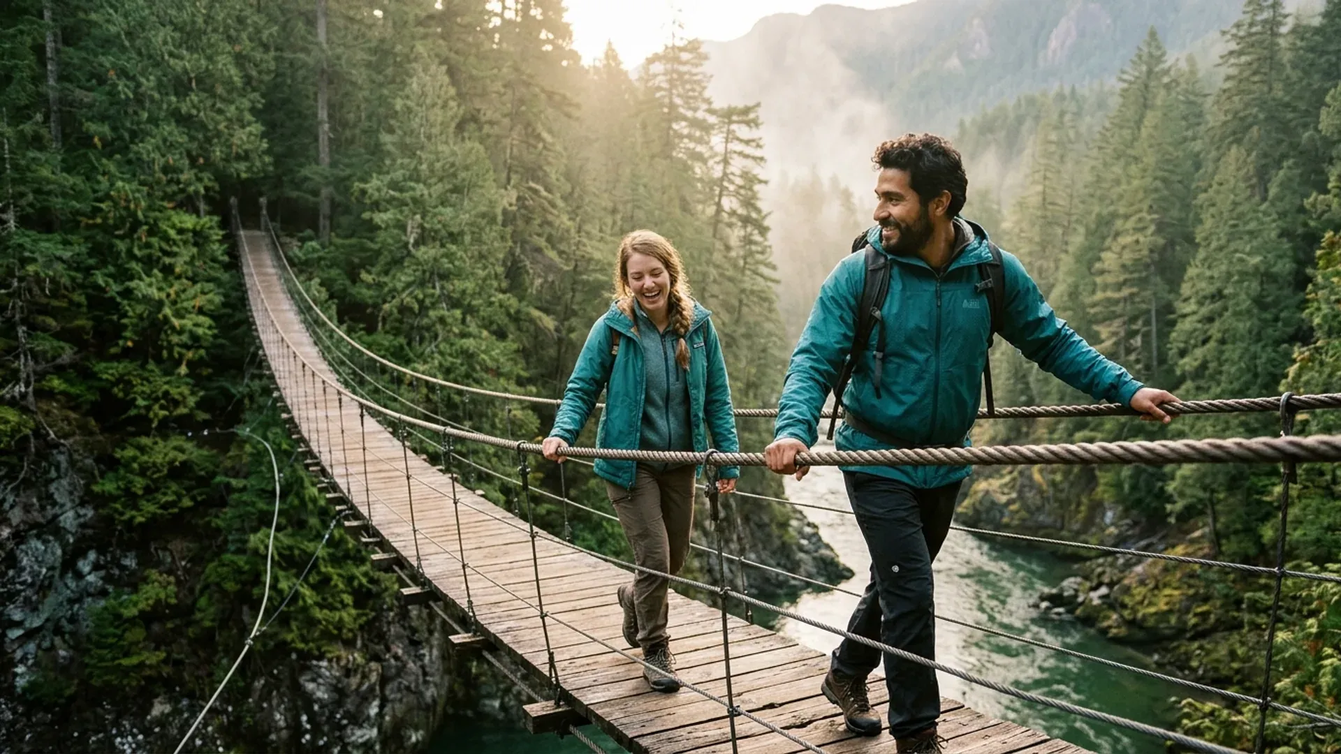 Young couple laughing as they cross a swaying wooden suspension bridge over a forested river canyon in the Pacific Northwest