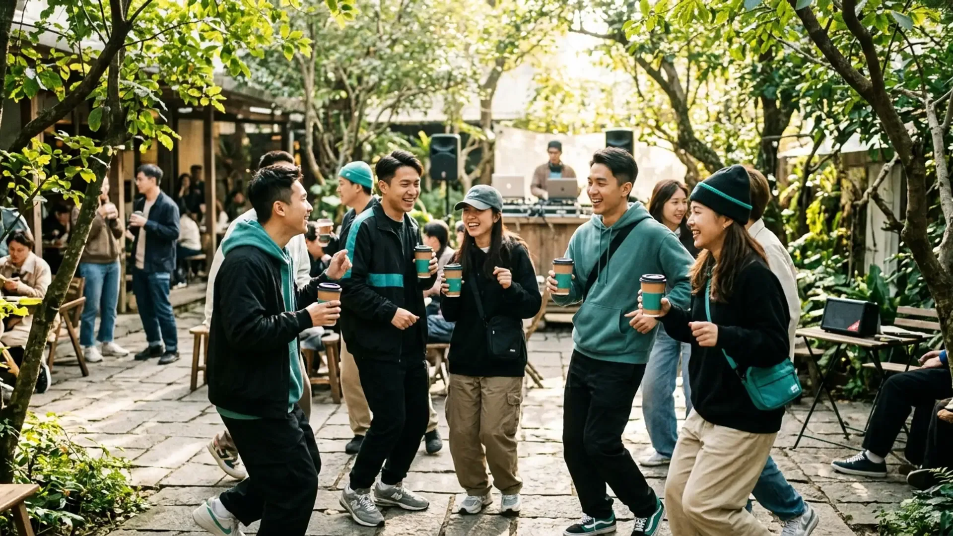 台北戶外咖啡 rave 場景,東亞年輕人手持咖啡杯隨 DJ 音樂跳舞