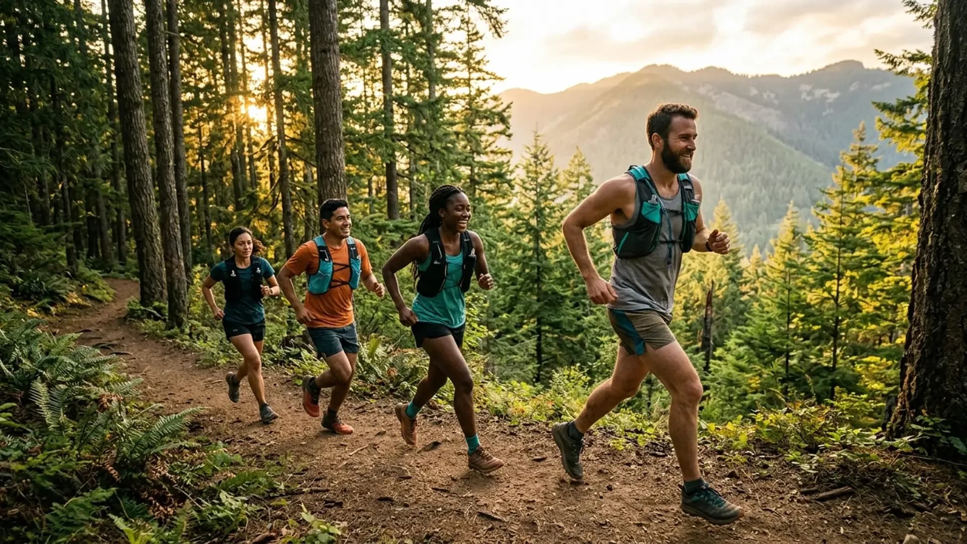 A diverse group of four trail runners running together on a forested singletrack mountain trail in golden hour light, mid-conversation