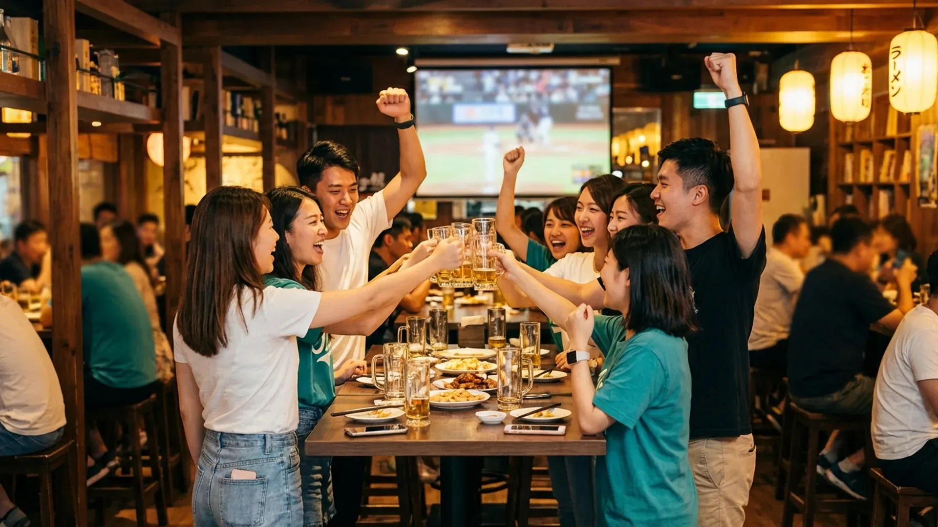 一群年輕朋友在台北運動酒吧一起看 WBC 經典賽轉播,興奮舉杯歡呼慶祝